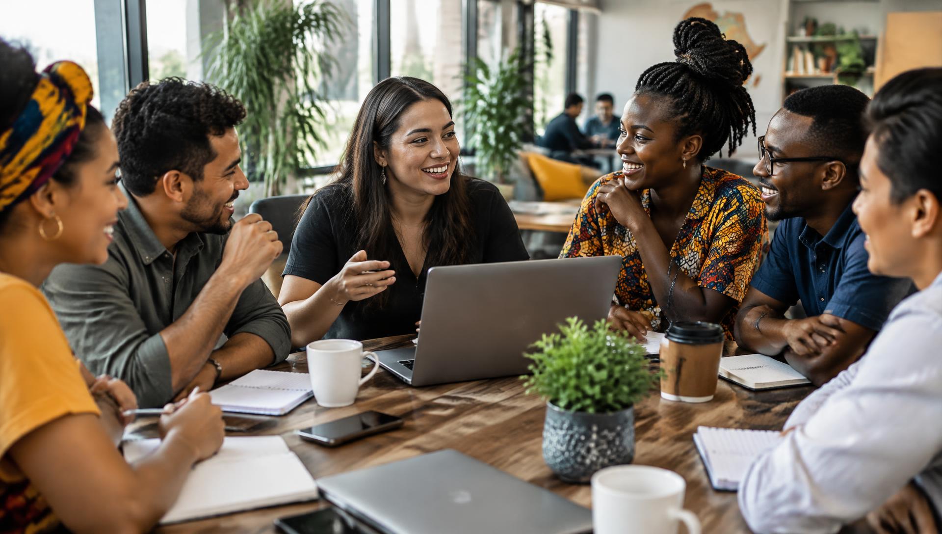 Emprendedores y líderes de impacto social trabajando juntos en un espacio de coworking